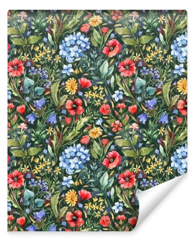 Bright, floral, seamless pattern with wild flowers on a dark background. Poppies, hydrangeas, wild carnations, violets, daisies watercolor illustration background.