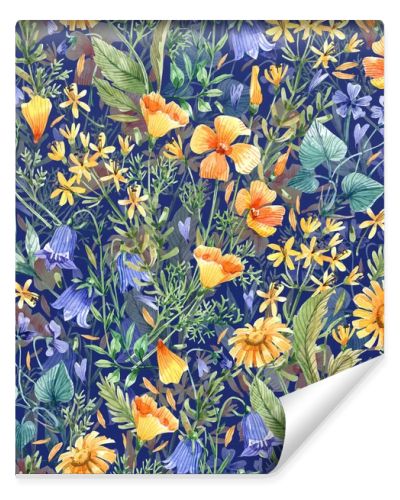 Watercolor seamless pattern with wild flowers on a dark background. Daisies, bluebells, violets and other flowers hand drawn watercolor background.