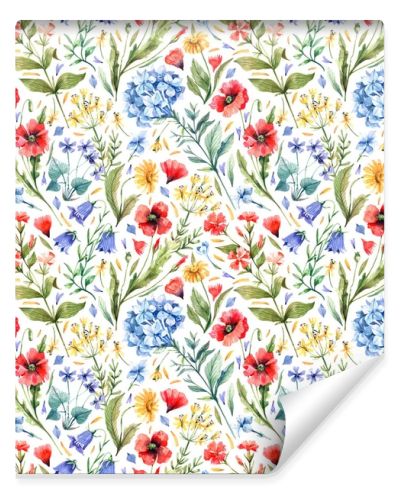 Watercolor, floral, seamless pattern with wild flowers on a white background. Wild flowers, poppies, hydrangea, wild carnation, eschscholzia, violets seamless pattern.