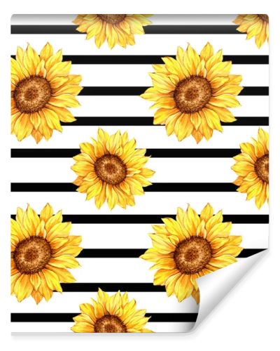 Watercolor Sunflower Background, Sunflower Seamless pattern with Hand Painted Watercolor Sunflowers and Greenery