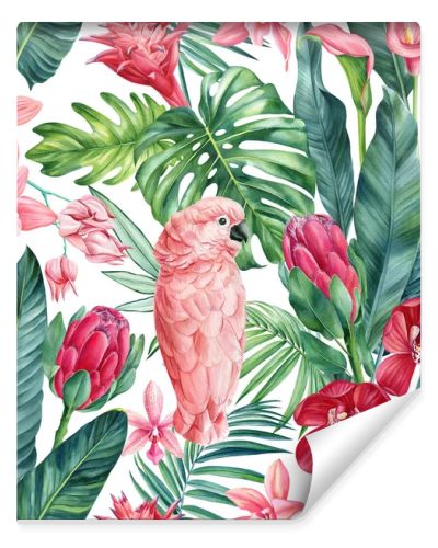 Cockatoo parrot, trendy tropical seamless pattern with palm leaves in watercolor style. Flower, leaf and pink bird. High quality illustration