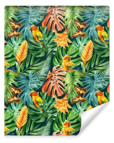 Colored Palm leaves, tropical background, hand drawn watercolor botanical painting. Seamless pattern, jungle wallpaper. High quality illustration