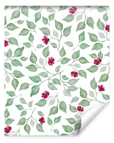 Watercolor seamless pattern with abstract red flowers, green leaves, branches. Hand drawn floral illustration isolated on white background. For packaging, wrapping design or print.