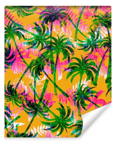 Vibrant tropical seamless pattern with green palm trees over a colorful orange and pink tie-dye background. Exotic summer jungle backdrop.