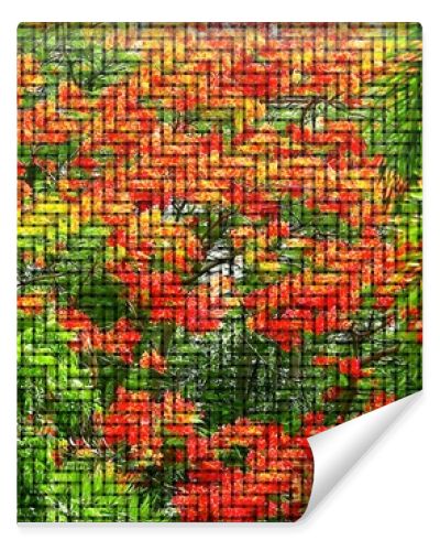 yellow red flower in the green garden digital painting on weavers thin bamboo three step texture