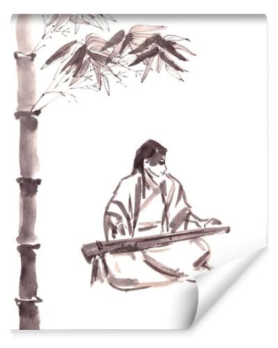 chinese girl musician in chinese costume playing guqin under the bamboo tree, ink drawing in chinese style. High quality illustration