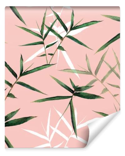 Watercolor painting bamboo green leaves seamless pattern background.Watercolor hand drawn illustration tropical exotic leaf prints for wallpaper,textile Hawaii aloha summer style.