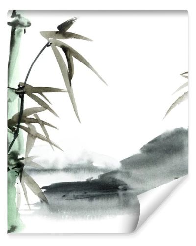 Chinese landscape with bamboo and mountains. Oriental traditional painting in style sumi-e, gohua and u-sin. Watercolor and ink illustration on white background.