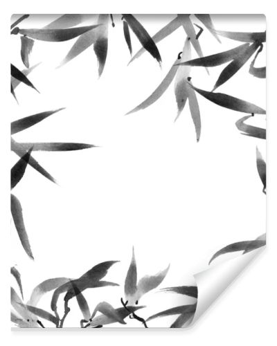 Watercolor illustration of bamboo leaves on white background. Oriental traditional painting, sumi-e. Square frame.