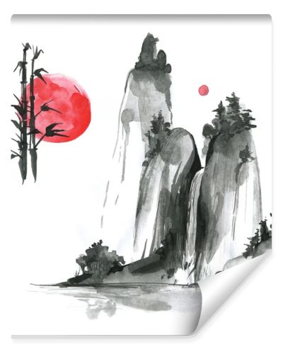 sumi-e elements: landskype, sun, bamboo