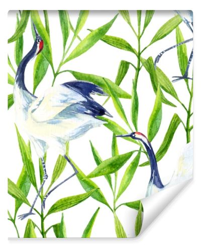 Watercolor asian crane bird seamless pattern