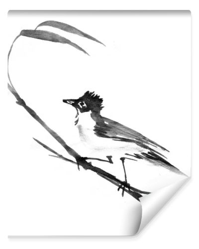 Sumi-e ink bird on a branch. Watercolor painting, black isolated white background.