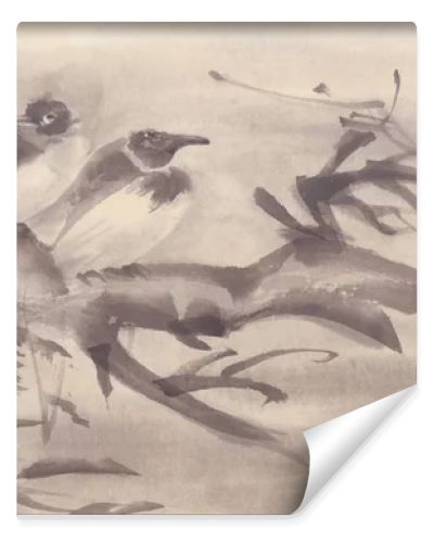 Birds on a tree autumn landscape ink painting