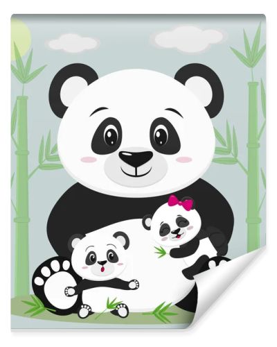 A sweet panda sits and holds a child with a bow, next to it sits another baby, he is surprised. Against the backdrop of bamboo trees, clouds and sun.