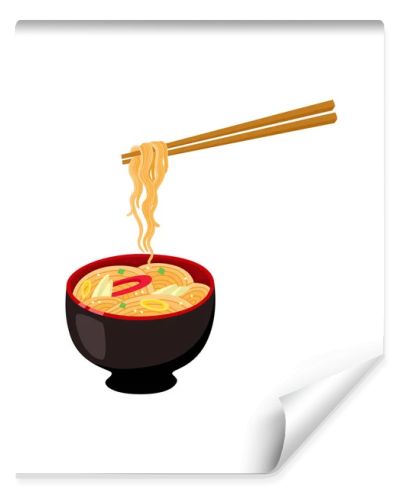 vector flat asian udon noodles in pot with sticks