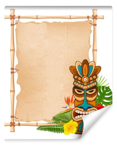 Wooden Tiki mask and bamboo signboard