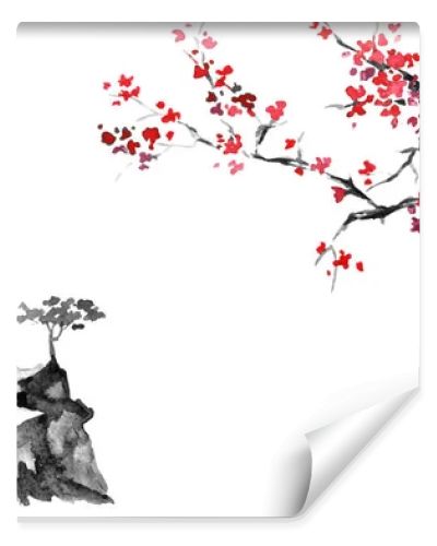 Japan traditional sumi-e painting. Indian ink illustration. Japanese picture. Sakura and mountains