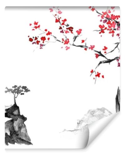 Japan traditional sumi-e painting. Indian ink illustration. Japanese picture. Sakura and mountains