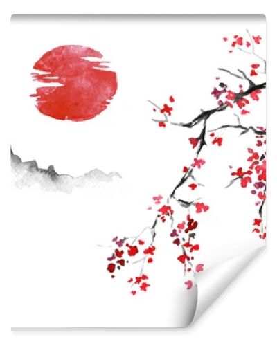 Japan traditional sumi-e painting. Indian ink illustration. Japanese picture. Sakura, sun and mountain