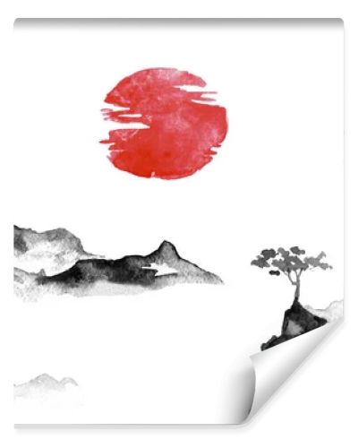 Japan traditional sumi-e painting. Indian ink illustration. Japanese picture. Sun and mountains