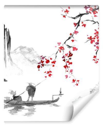 Japan traditional sumi-e painting. Indian ink illustration. Japanese picture. Man, boat, sakura, mountains