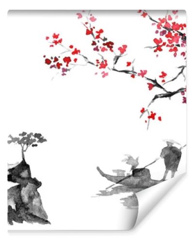 Japan traditional sumi-e painting. Indian ink illustration. Man and boat. Sunset, dusk. Japanese picture.