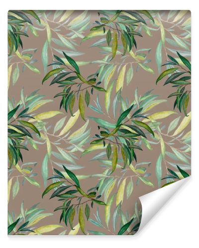 Watercolor seamless pattern with willow leaves. Beautiful art print. Fabric texture background. 