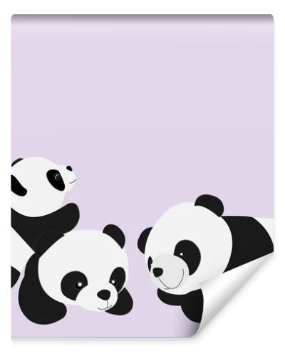 Panda cub is climbing on the mother back and father back isolated on soft purple background.