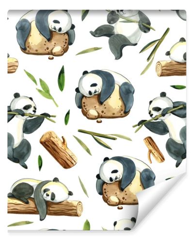 Watercolor seamless pattern of different panda and leaves