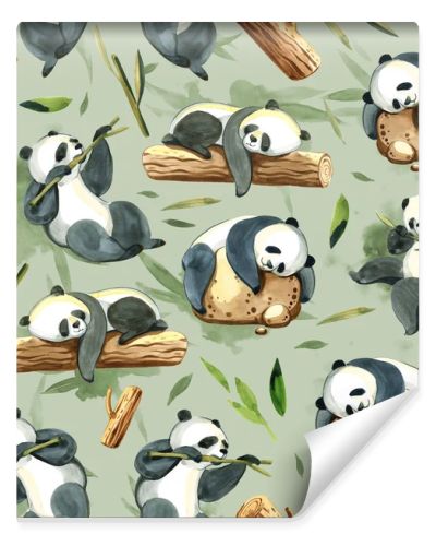 Watercolor seamless pattern of different panda and leaves