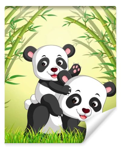 two cute panda in a bamboo forest