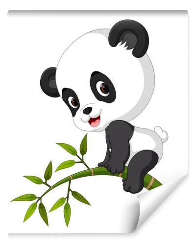 Cute funny baby panda hanging on the bamboo