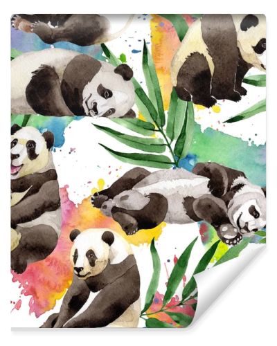 Tropical mix bamboo tree and panda pattern in a watercolor style.