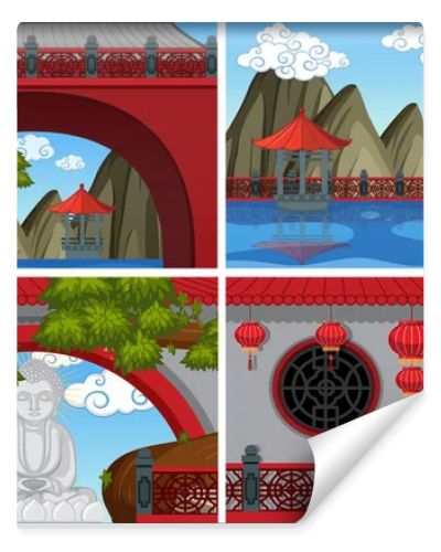 Four scenes of chinese temple with red walls