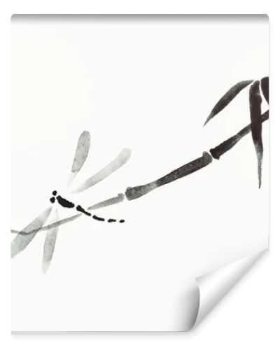 training drawing in sumi-e (suibokuga) style with watercolor paints - dragonflies and reed are hand drawn on creamy paper