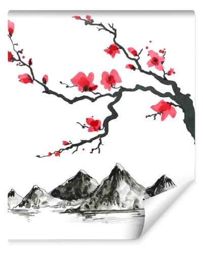 Mountains in Japanese style. Watercolor hand painting illustration