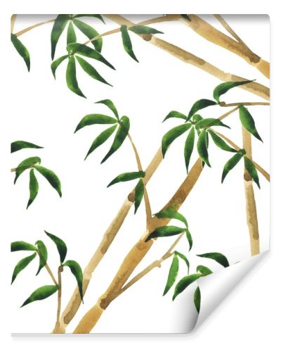 Bamboo tree and leaves background. Hand drawn watercolor illustration. 