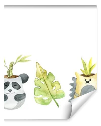 Watercolor border with cute pots. Cute illustrations of animals. Perfect for office, design and decor of children's rooms, products for children.