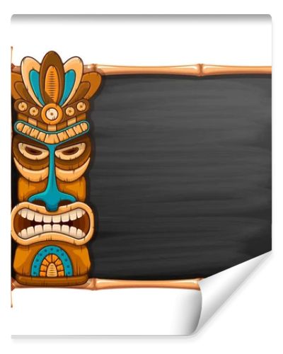 Tiki tribal wooden mask, tropical exotic plants and bamboo frame with space for your text. Hawaiian traditional elements, totem symbol. Isolated on white background. Vector illustration.