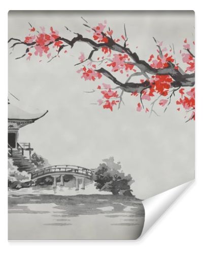 Japan traditional sumi-e painting. Fuji mountain, sakura, sunset. Japan sun. Indian ink illustration. Japanese picture.