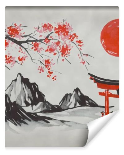 Japan traditional sumi-e painting. Fuji mountain, sakura, sunset. Japan sun. Indian ink illustration. Japanese picture.