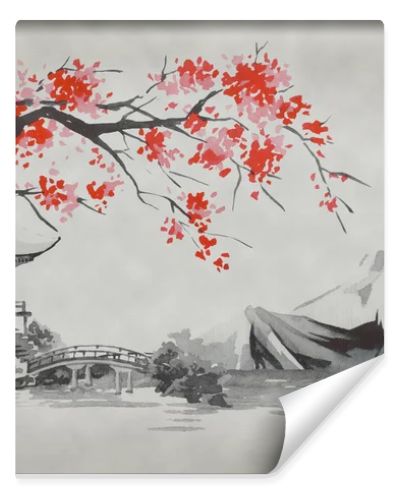 Japan traditional sumi-e painting. Fuji mountain, sakura, sunset. Japan sun. Indian ink illustration. Japanese picture.