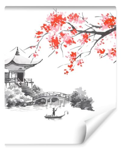 Japan traditional sumi-e painting. Fuji mountain, sakura, sunset. Japan sun. Indian ink illustration. Japanese picture.