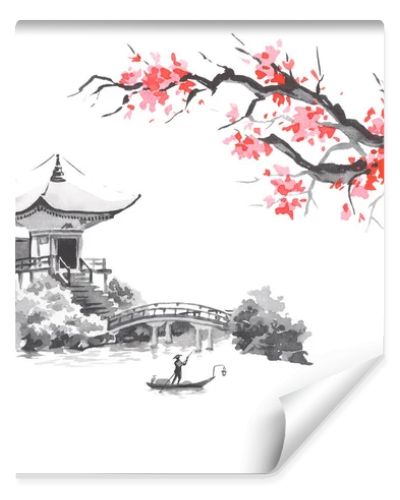 Japan traditional sumi-e painting. Fuji mountain, sakura, sunset. Japan sun. Indian ink illustration. Japanese picture.