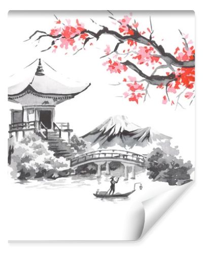 Japan traditional sumi-e painting. Fuji mountain, sakura, sunset. Japan sun. Indian ink illustration. Japanese picture.