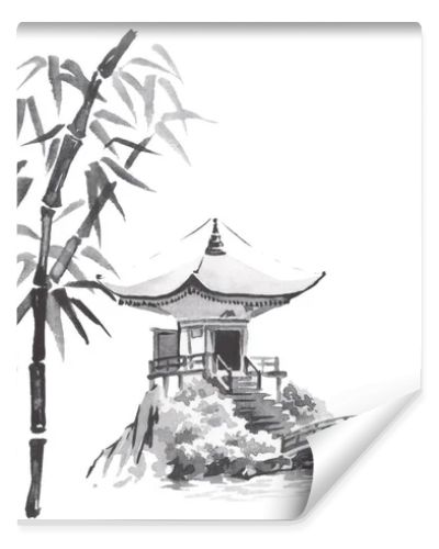 Japan traditional sumi-e painting. Fuji mountain, sakura, sunset. Japan sun. Indian ink illustration. Japanese picture.