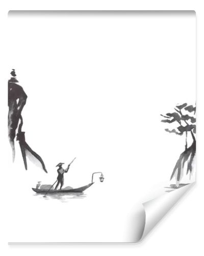 Japan traditional sumi-e painting. Fuji mountain, sakura, sunset. Japan sun. Indian ink illustration. Japanese picture.