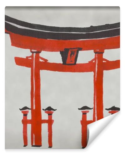 Japan traditional sumi-e painting. Watercolor and ink illustration in style sumi-e, u-sin. Fuji mountain, sakura, sunset. Japan sun. Indian ink illustration. Japanese picture.