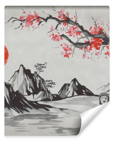 Japan traditional sumi-e painting. Watercolor and ink illustration in style sumi-e, u-sin. Fuji mountain, sakura, sunset. Japan sun. Indian ink illustration. Japanese picture.