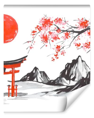 Japan traditional sumi-e painting. Fuji mountain, sakura, sunset. Japan sun. Indian ink illustration. Japanese picture.